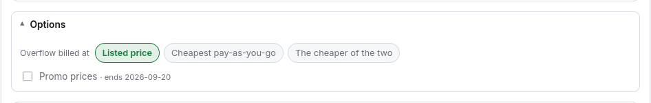 Promo prices off, showing the pre-promo list rates and quotas.